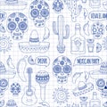 Vector set of Mexicon doodle icons Hello. Love. How are you. Food. Drinks. Royalty Free Stock Photo