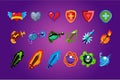 Vector set of mobile game assets. Hearts, defense shields, bottles with poisons magic elixirs, arrows, swords and bombs