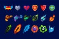 Vector set of mobile game assets. Hearts, defense shields, bottles with poisons magic elixirs, arrows, swords and bombs