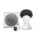 Black waterproof shower cap in transparent package with small box and shower cap on the manekenium head