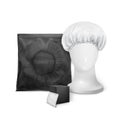 White waterproof shower cap in transparent package with small box and shower cap on the manekenium head