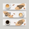 Vector set of modern banners with coffee backgrounds. Trendy templates for flyers, posters, invitations, restaurant or cafe menu Royalty Free Stock Photo