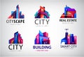 Vector set of modern city logos, business uilding signs, cityscape, skyscrapers