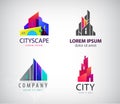 Vector set of modern city logos, business uilding signs, cityscape, skyscrapers