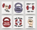 Vector set of modern fitness templates with hands, dumbbells, weight and motivational phrases Royalty Free Stock Photo