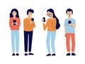 Vector set of modern isolated illustrations in flat style. Young people watching news, chatting with friends. Teenagers