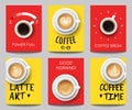 Vector set of modern posters with coffee backgrounds. Trendy templates with realistic cups for flyers, banners, invitations, Royalty Free Stock Photo