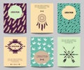 Vector set of modern posters with tribal elements: ethnic ornaments, arrows, dream catcher, feathers