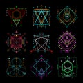 Vector set of Modern sacred geometric symbols on black background. Abstract mystic signs collection. Colorful linear shapes. Can