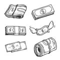 Vector Set of Money. Hand Drawn doodle Dollar Banknotes and Coins