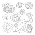 Vector Set of Monochrome Contour Floral Doodles Royalty Free Stock Photo