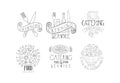 Vector set of monochrome emblems for catering companies and food delivery services. Sketch logos with tasty meal, drinks