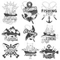 Vector set of monochrome fishing trip emblems. Isolated badges, labels, logos and banners in vintage style with ship