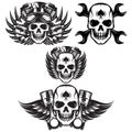 Vector set of monochrome image on motorcycle theme with skull, wings, engine