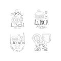 Vector set of monochrome lunch menu logos. Original sketch style emblems with tasty burgers, cup of coffee with sandwich