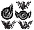 Vector set of monochrome pattern with wheel, wings on a motorcycle theme