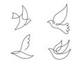 Vector set of monoline, line hand drawn bird logos. Flying dove, pigeon freedom illustrations. Sketches, symbols