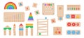 Vector Set of Montessori style toys. Children wooden eco friendly logic games for preschool kids. Playthings for baby