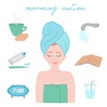Vector set morning routine. Woman wake up and does morning procedures.
