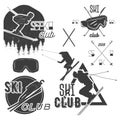 Vector set of mountain skiing labels in vintage style. Alpine ski extreme sport concept.