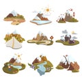 Vector set of mountains in cartoon style. A collection of illustrations with landscapes of mountains