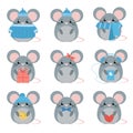 Vector set mouse in warm clothes with different subjects: cheese, hat, scarf, gift, heart, bow.