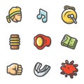 Vector Set of Muay Thai Icons. Fighter, Music, Gong, Makiwara, Champion Belt, Money Fist, Capa, Blood.