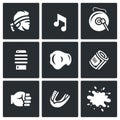 Vector Set of Muay Thai Icons. Fighter, Music, Gong, Makiwara, Champion Belt, Money Fist, Capa, Blood.