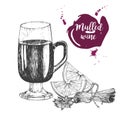 Vector set of mulled wine. Glass, cinnamon sticks, anise. Vintage engraved style. Decorated with blots.