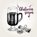 Vector set of mulled wine. Glass, cinnamon sticks, anise. Vintage engraved style. Gluhwein season.