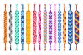 Vector set of multi-colored handmade hippie friendship bracelets of threads isolated on white background