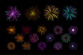 Vector set of multi-colored holiday fireworks. Bright sparkling salute. Decorative elements for festival invitation