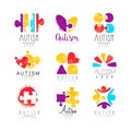 Vector set of multi-colored logo for Autism Awareness Day. Design for postcards, wellness centers, organizations helping Royalty Free Stock Photo