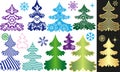 Vector set of multi-colored New Year and Christmas trees with snowflakes and stars