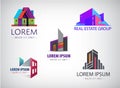 Vector Set of multicolored real estate logo designs for business visual identity, building, cityscape icons, houses