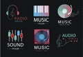 Vector set of music logos, icons, signs . Headphones, notes, piano, sound logos. Royalty Free Stock Photo
