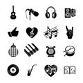 Vector set musical flat web icons. Black and white with long shadow for internet, mobile apps, interface design