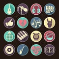 Vector set musical flat web icons. Multicolored with long shadow for internet, mobile apps, interface design