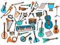 Vector set of Musical instruments, in orange and turquoise colors. hand-drawn doodle collection of trumpet, violin, harp, drum, Royalty Free Stock Photo