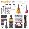 Vector set with musical live instruments isolated on white. Cello, guitar, amplifier, mixpad, microphone, accessories for live mus