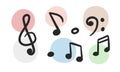 Vector set of musical notations. Treble clef, bass clef, eighth note, quaver, sixteenth note, semiquaver musical symbols