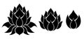Vector set of mystical pictogram of lotuses. Sacred monochrome silhouette of water lily. Design element