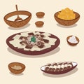 Vector set of national kazakh cuisine, dishes. Beshbarmak, baursak and qurt, kumis and irimshik. Royalty Free Stock Photo