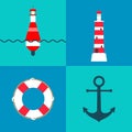 Vector set of nautical and marine elements with sea buoy, lighthouse, life ring and anchor Royalty Free Stock Photo