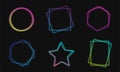 Vector set of neon geometric frames. Colorful gradient circle square hexagon pentagon star rectangle