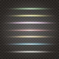 Vector set of neon laser glow light . horizontal gleaming line flash effect on transparent. Decorative colorful