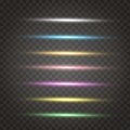 Vector set of neon laser glow light . horizontal gleaming line flash effect on transparent. Decorative colorful