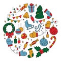 Vector set of New Year icons, Christmas symbols. Hand drawn winter holidays icons Royalty Free Stock Photo