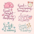 Vector set of night cute illustrations. Cartoon symbols and hand lettering for posters, cards Good Night My Darling etc. Royalty Free Stock Photo