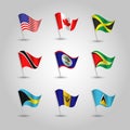 Vector set of nine flags anglo american states with largest population on silver pole - icon of states usa, canada, jamaica Royalty Free Stock Photo